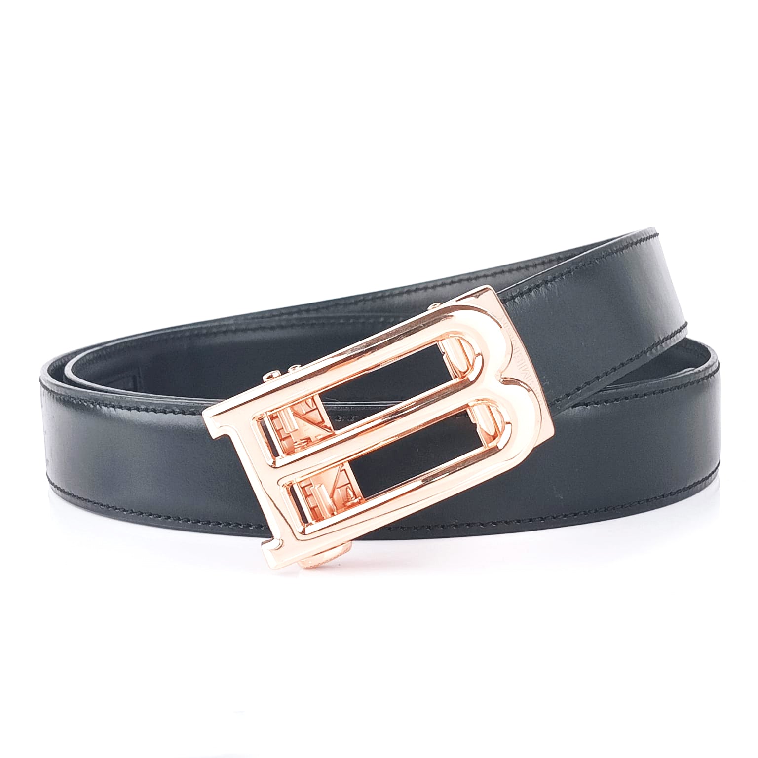 Hemener Men B Letter Metal Buckle Black Genuine Leather Belt