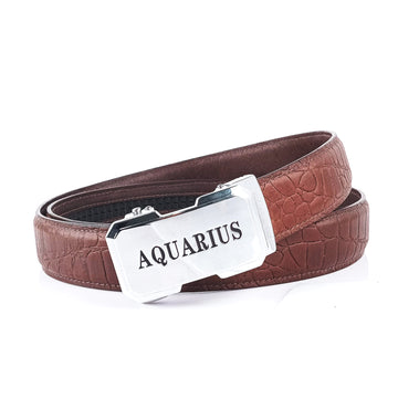 Hemener Men Aquarius Zodiac Buckle Genuine Leather Belt