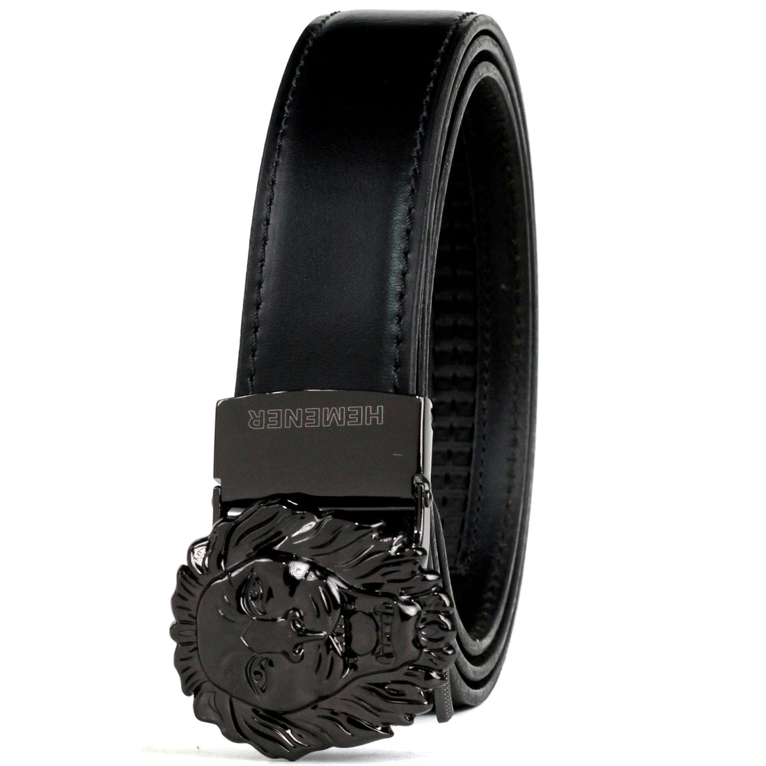 Hemener Men Glossy Finish Metal Buckle Black Genuine Leather Belt