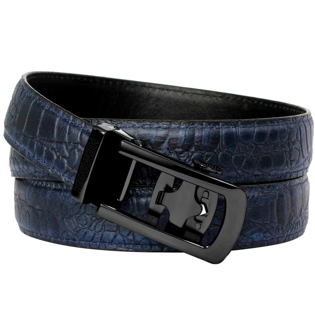 Hemener Men Metal Auto Grip Buckle Blue Croc Pattern Genuine Leather Belt