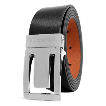 Hemener Men Metal Pin Hole Buckle Black Genuine Leather Belt