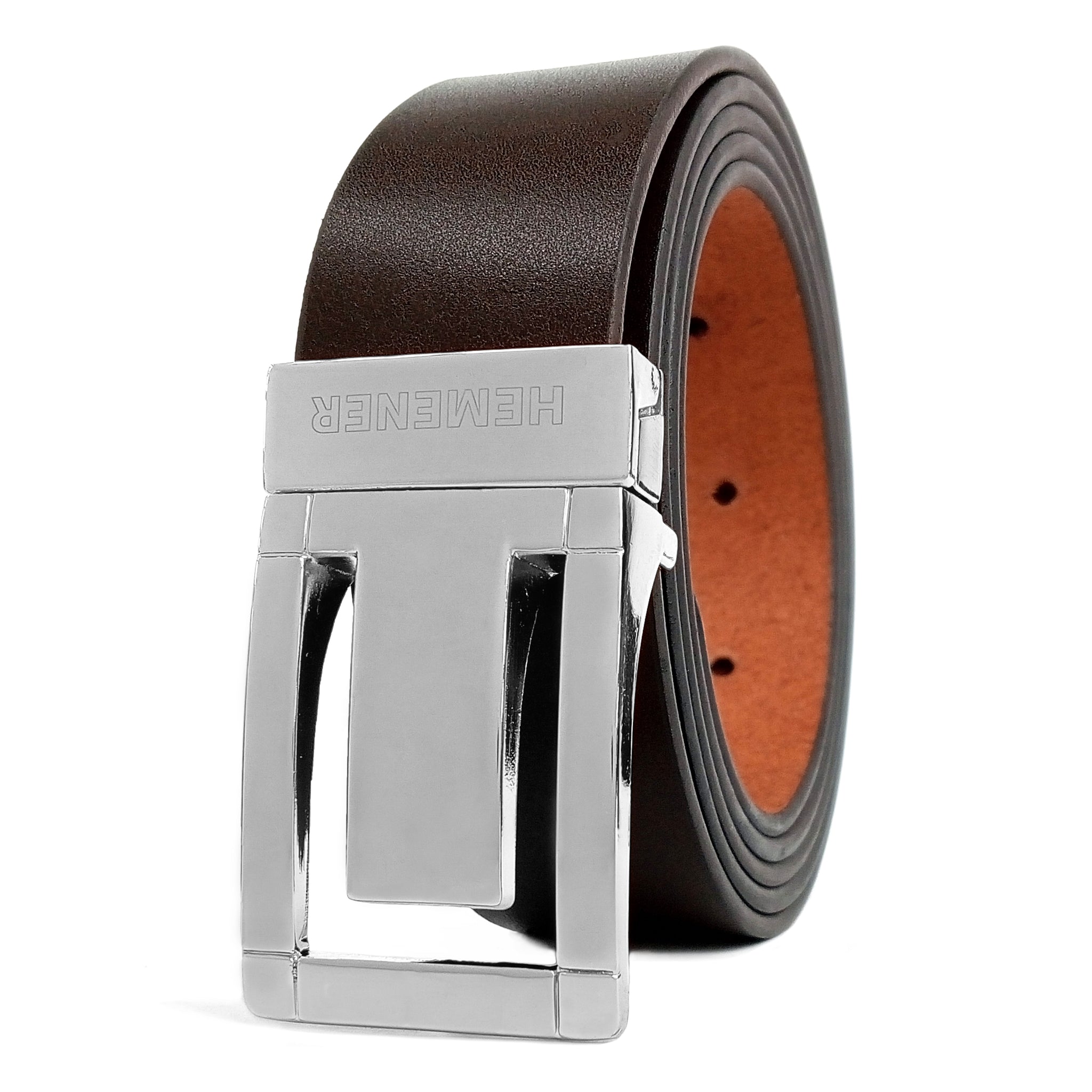 Hemener Men Pin  Hole  Buckle Dark Brown Genuine Leather Belt