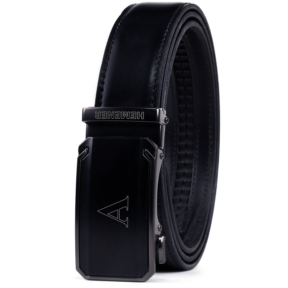 Hemener Men Belt A Letter Metal Buckle Black Genuine Leather
