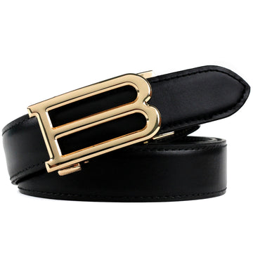 Hemener Men B Letter Metal Buckle Black Genuine Leather Belt