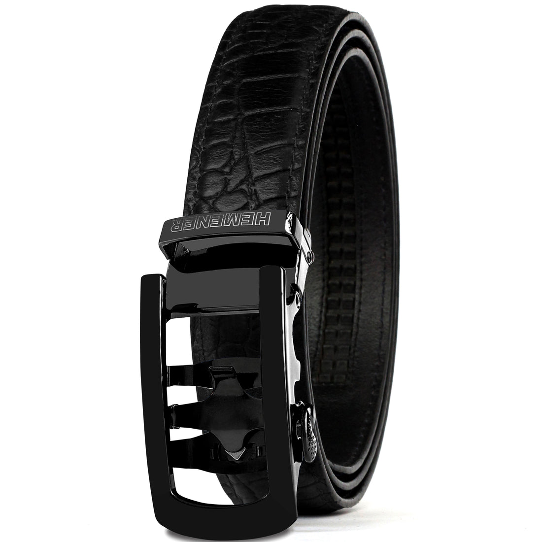 Hemener Men Metal Auto Grip Buckle Black Croc Pattern Genuine Leather Belt