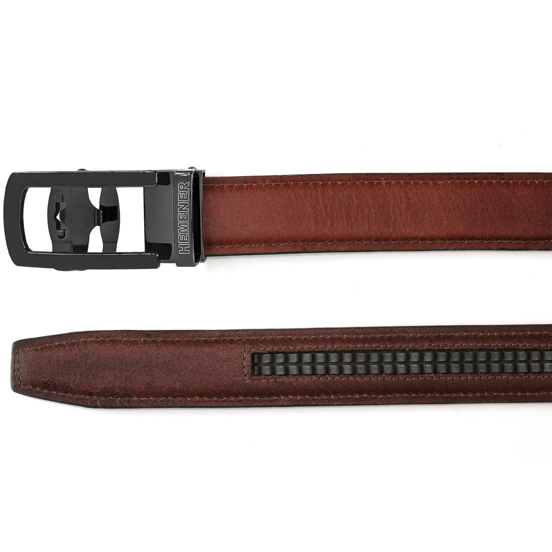 Hemener Men Metal Auto Grip Buckle Brown Genuine Leather Belt