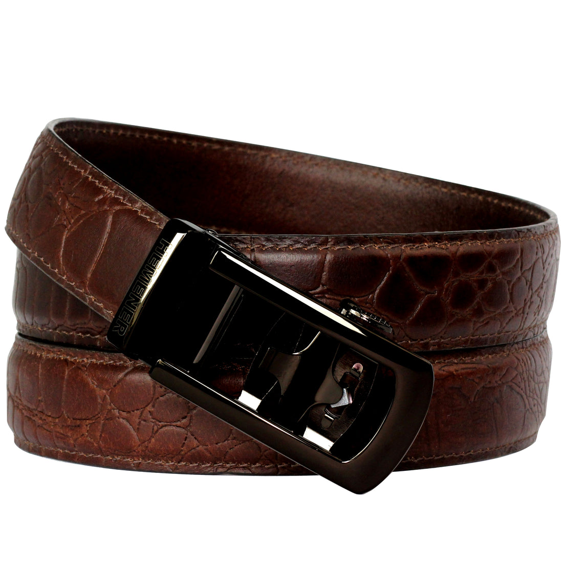 Hemener Men Metal Auto Grip Buckle Brown Croc Pattern Genuine Leather Belt