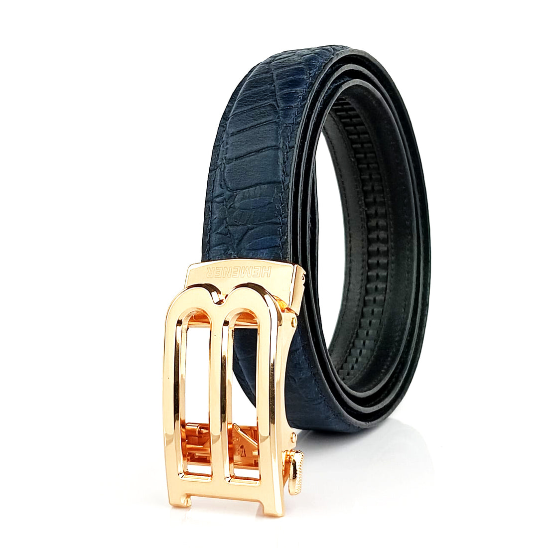 Hemener Men B  Letter Metal Auto Grip Buckle Blue Croc Pattern Genuine Leather Belt