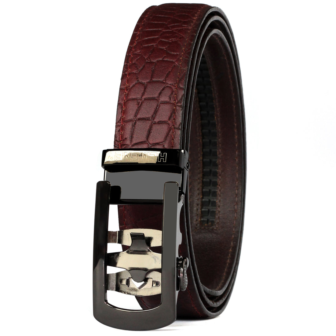 Hemener Men Metal Auto Grip Buckle Cherry Brown Croc Pattern Genuine Leather Belt