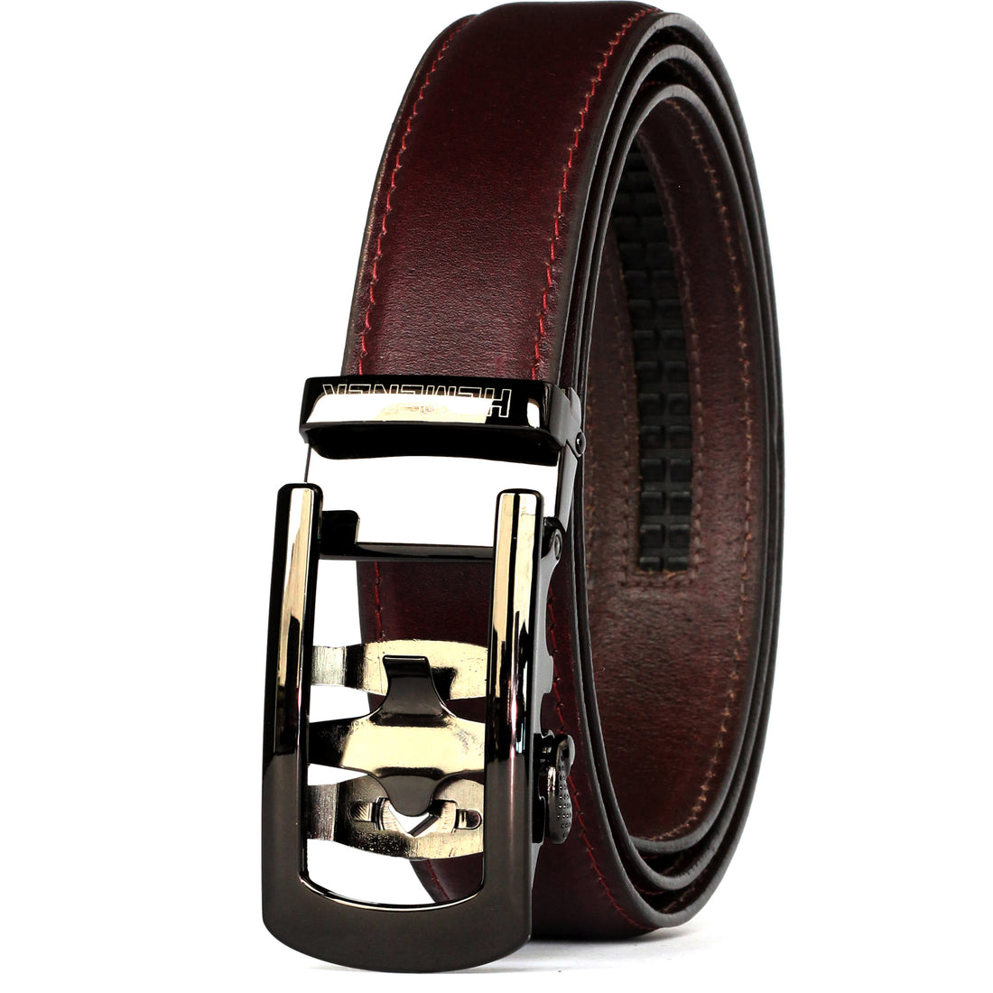 Hemener Men Metal Auto Grip Buckle Cherry Brown Genuine Leather Belt