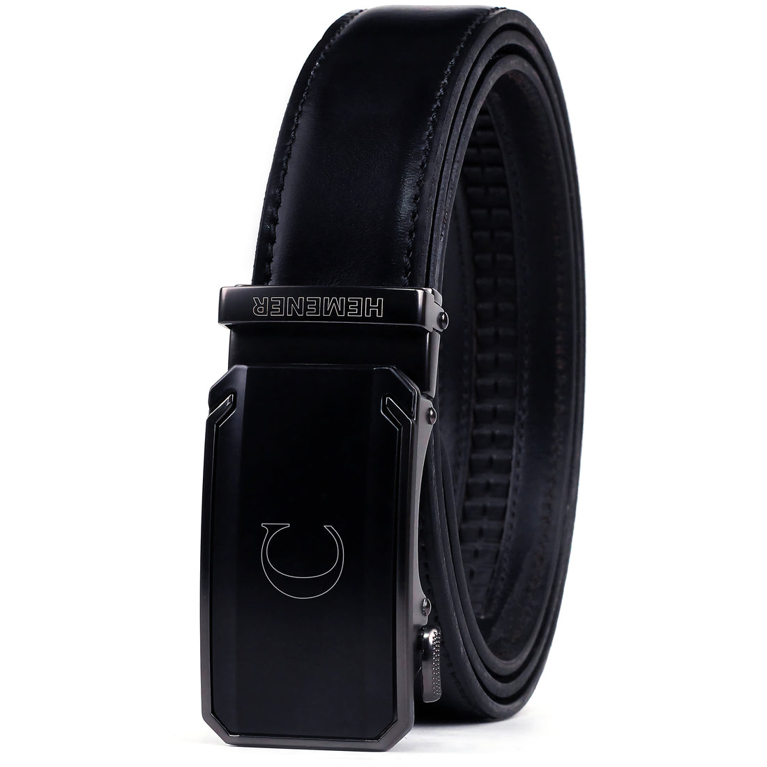 Hemener Men C Letter Metal Buckle Black Genuine Leather Belt