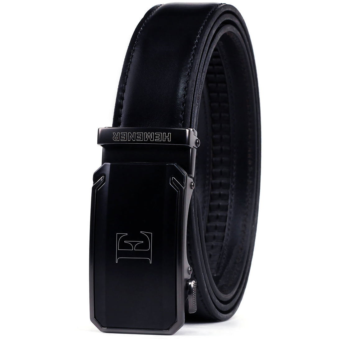 Hemener Men E Letter Metal Buckle Black Genuine Leather Belt