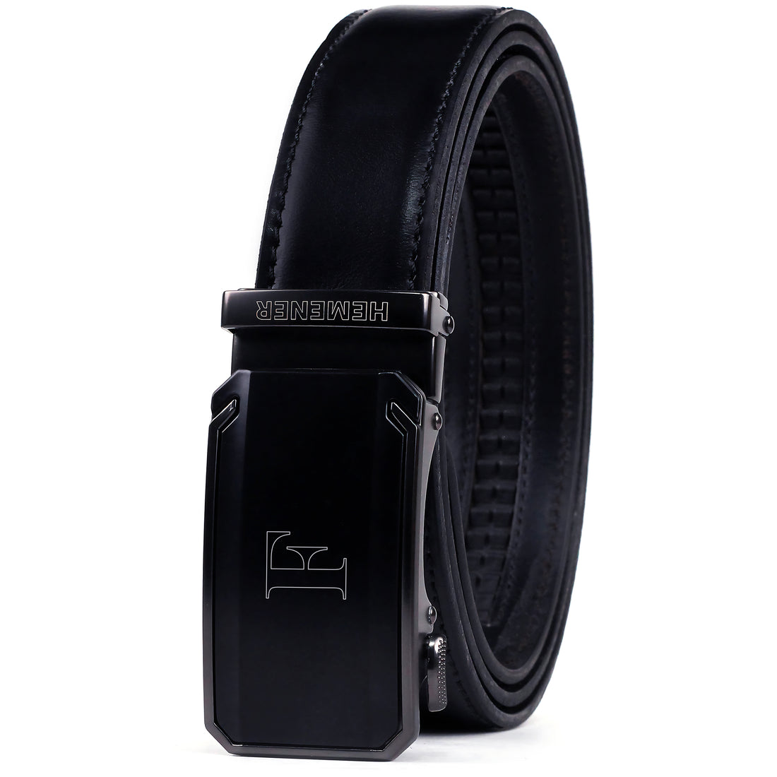 Hemener Men F Letter Metal Buckle Black Genuine Leather Belt