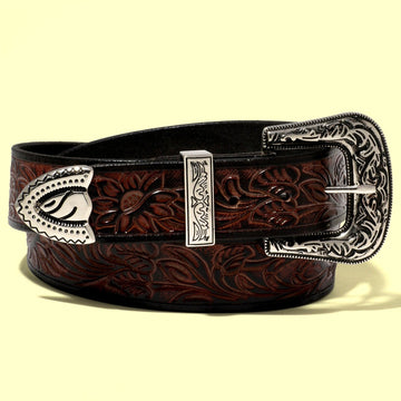 Hemener Men Engraved Metal Buckle Dark Brown Genuine Leather Belt