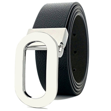 Hemener Men Metal Pin Hole Buckle Black Genuine Leather Belt