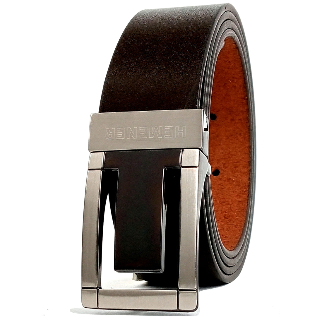 Hemener Men Metal Pin Hole Buckle Dark Brown Genuine Leather Belt