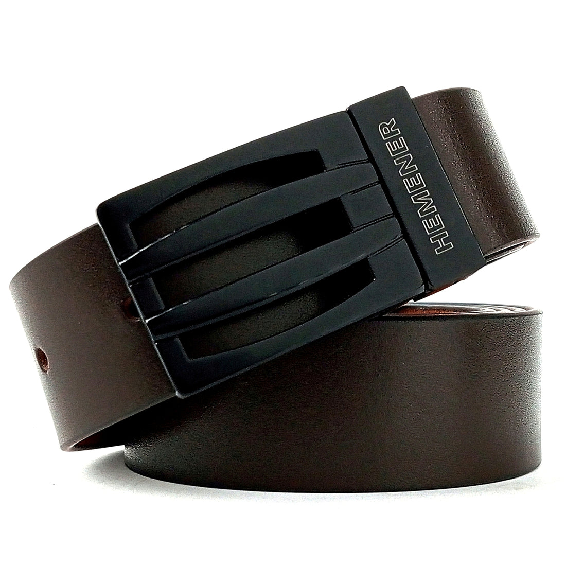Hemener Men Metal Pin Hole Buckle Dark Brown Genuine Leather Belt