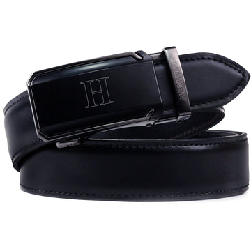 Hemener Men H Letter Metal Buckle Black Genuine Leather Belt