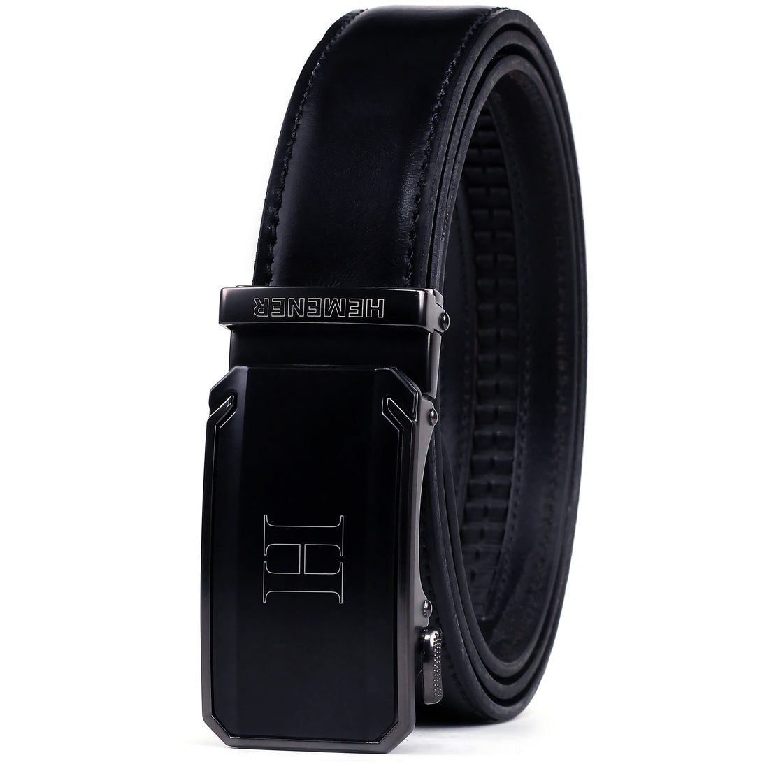 Hemener Men H Letter Metal Buckle Black Genuine Leather Belt