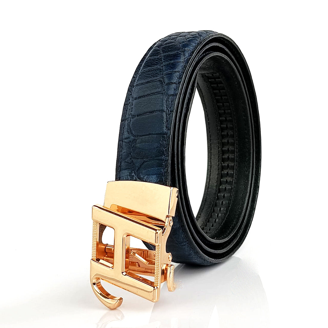 Hemener Men  H  Letter Metal Auto Grip Buckle Blue Croc Pattern Genuine Leather Belt