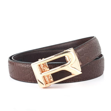 Hemener Men R Letter Metal Auto Grip Buckle Brown Croc Pattern Genuine Leather Belt