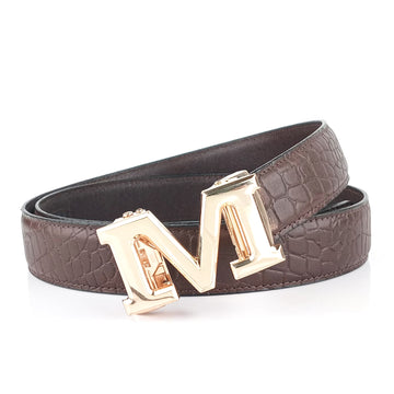 Hemener Men  M Letter Metal Auto Grip Buckle Brown Croc Pattern Genuine Leather Belt