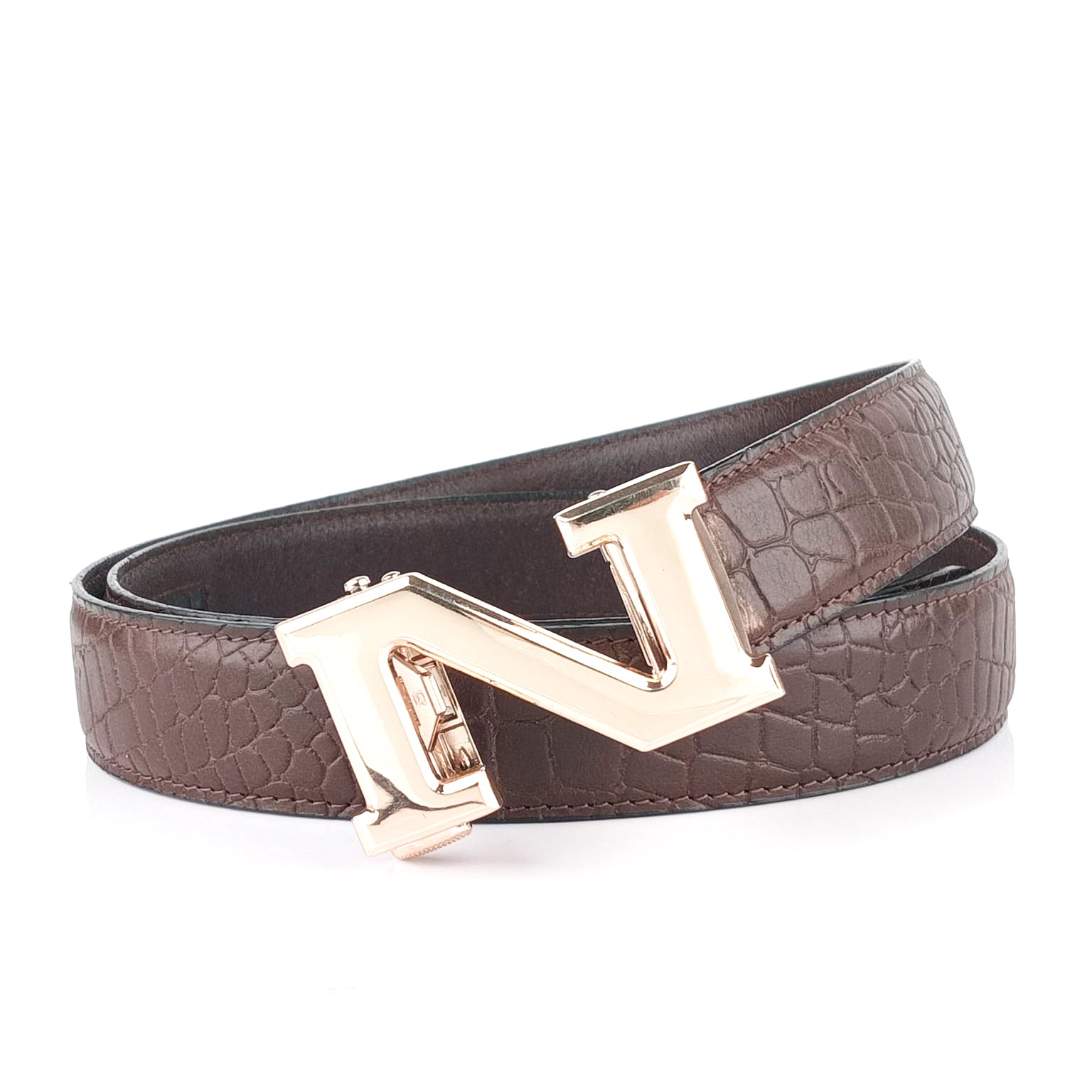 Hemener Men N Letter Metal Auto Grip Buckle Brown Croc Pattern Genuine Leather Belt