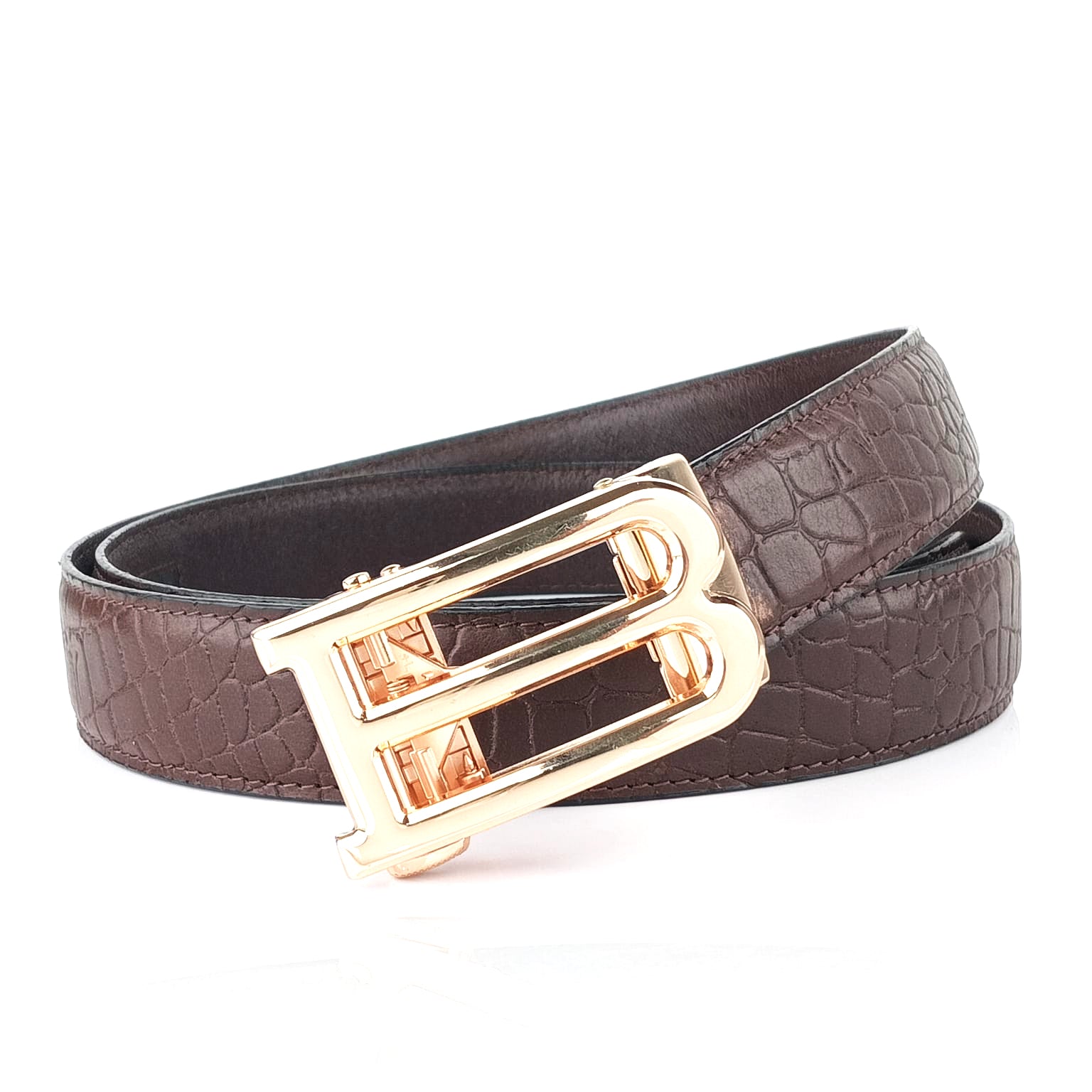 Hemener Men B Letter Metal Auto Grip Buckle Brown Croc Pattern Genuine Leather Belt