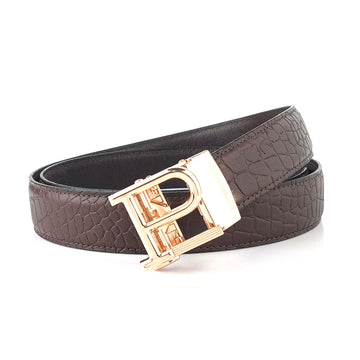 Hemener Men P Letter Metal Auto Grip Buckle Brown Croc Pattern Genuine Leather Belt