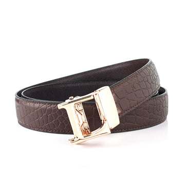 Hemener Men L Letter Metal Auto Grip Buckle Brown Croc Pattern Genuine Leather Belt