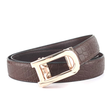 Hemener Men D Letter Metal Auto Grip Buckle Brown Croc Pattern Genuine Leather Belt