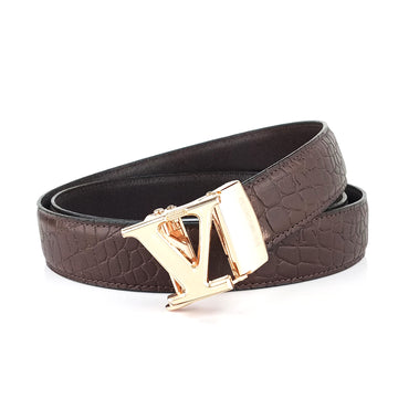 Hemener Men V Letter Metal Auto Grip Buckle Brown Croc Pattern Genuine Leather Belt