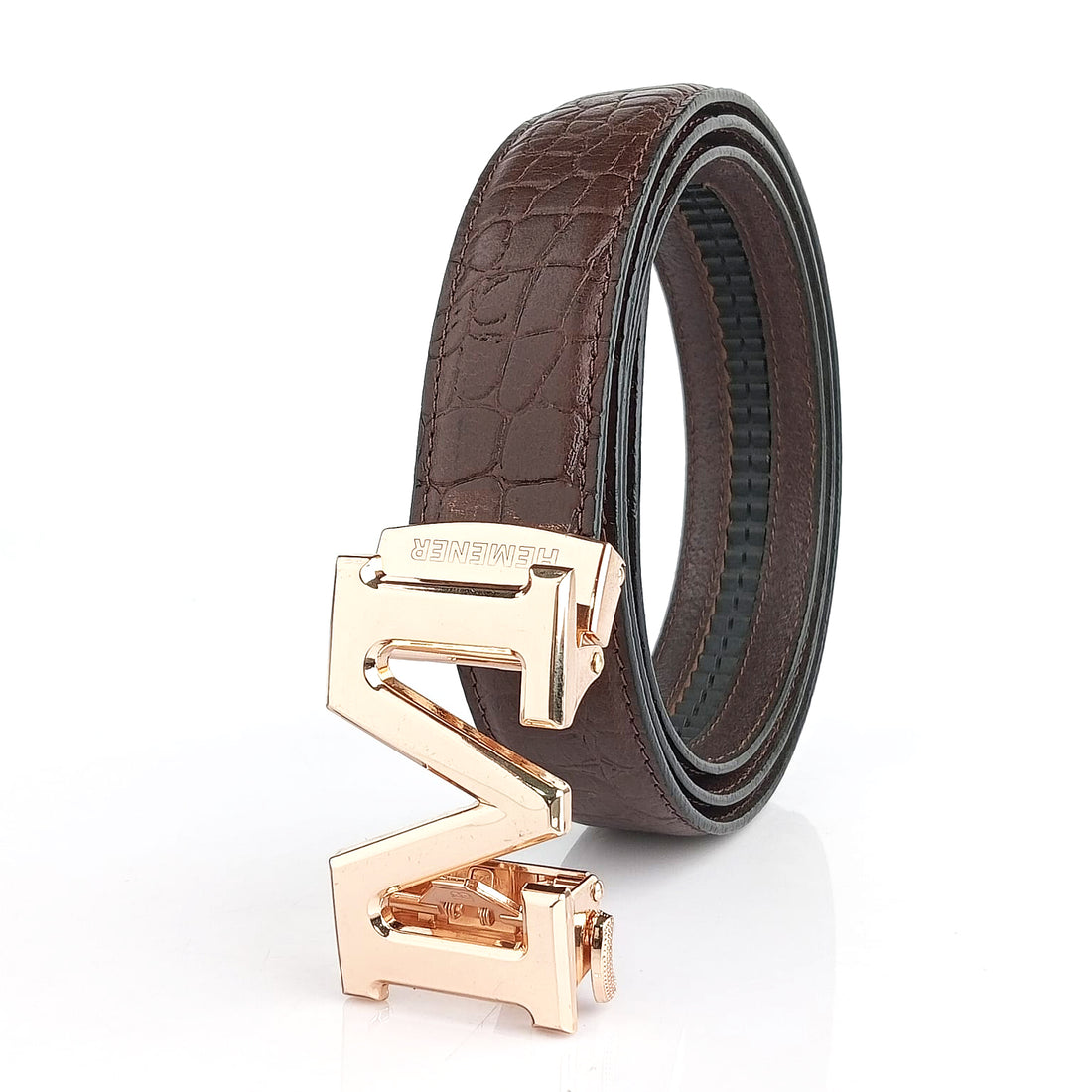 Hemener Men  M Letter Metal Auto Grip Buckle Brown Croc Pattern Genuine Leather Belt