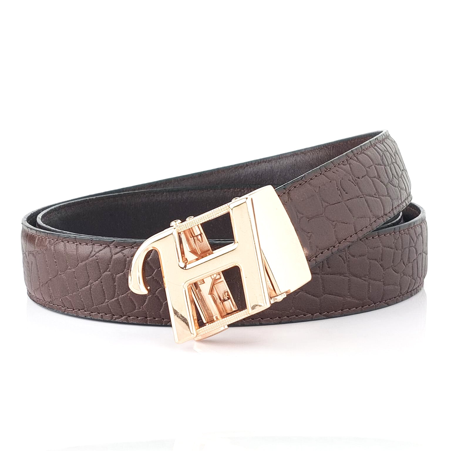 Hemener Men H Letter Metal Auto Grip Buckle Dark Brown Croc Pattern Genuine Leather Belt