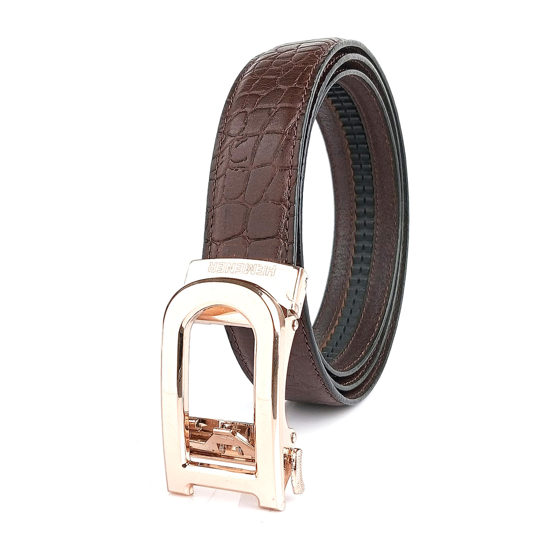 Hemener Men D Letter Metal Auto Grip Buckle Brown Croc Pattern Genuine Leather Belt