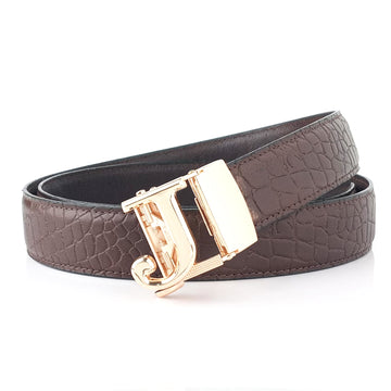 Hemener Men J Letter Metal Auto Grip Buckle Brown Croc Pattern Genuine Leather Belt