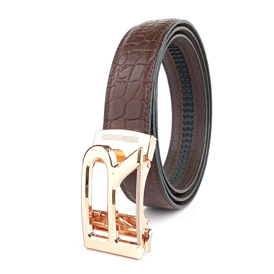 Hemener Men R Letter Metal Auto Grip Buckle Brown Croc Pattern Genuine Leather Belt