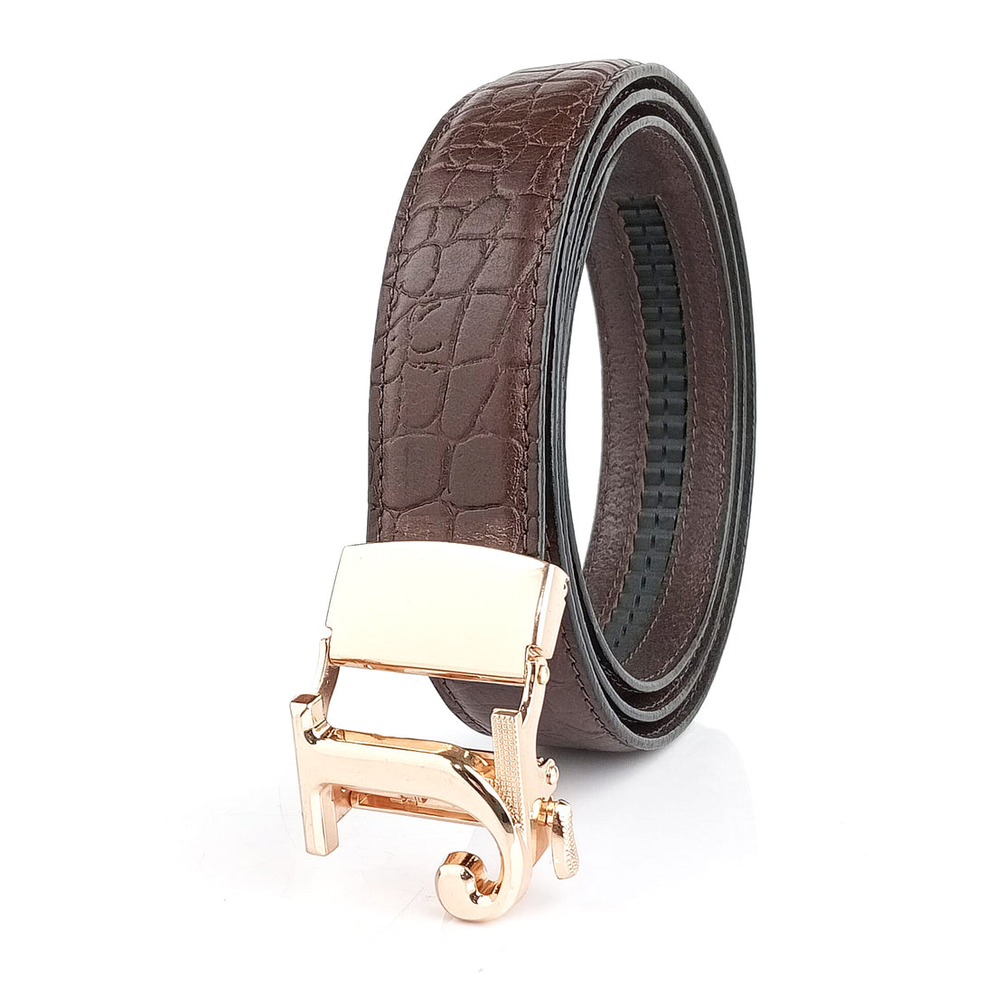 Hemener Men J Letter Metal Auto Grip Buckle Brown Croc Pattern Genuine Leather Belt