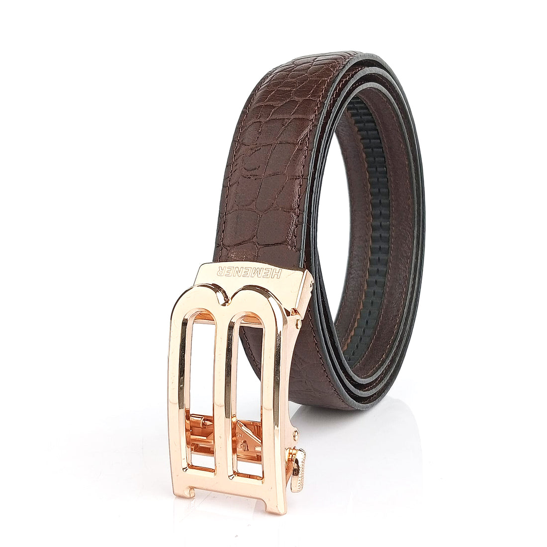 Hemener Men B Letter Metal Auto Grip Buckle Brown Croc Pattern Genuine Leather Belt