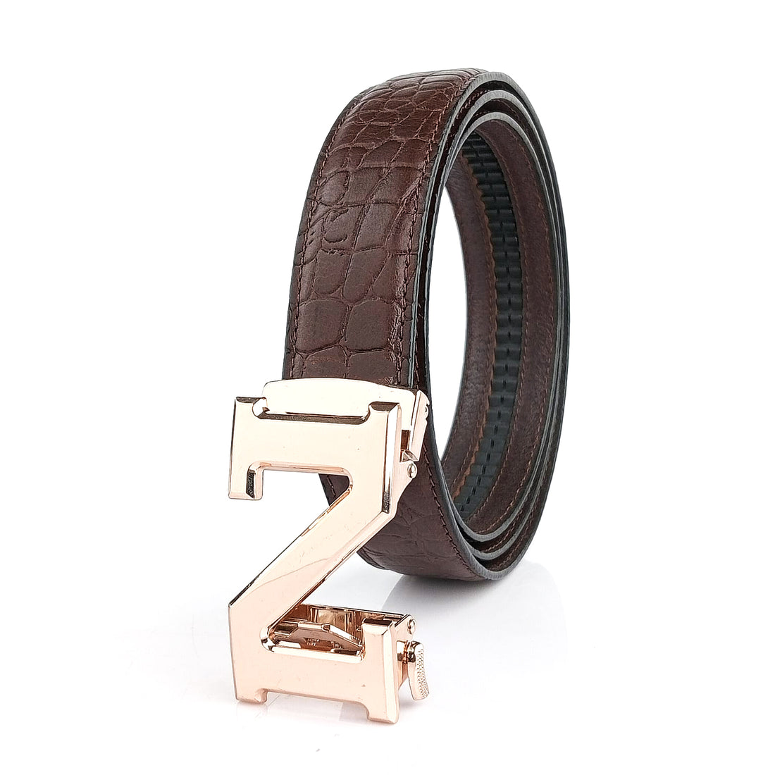 Hemener Men N Letter Metal Auto Grip Buckle Brown Croc Pattern Genuine Leather Belt