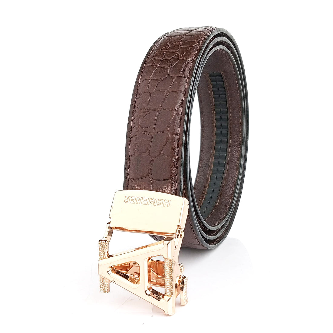 Hemener Men A Letter Metal Auto Grip Buckle Brown Croc Pattern Genuine Leather Belt