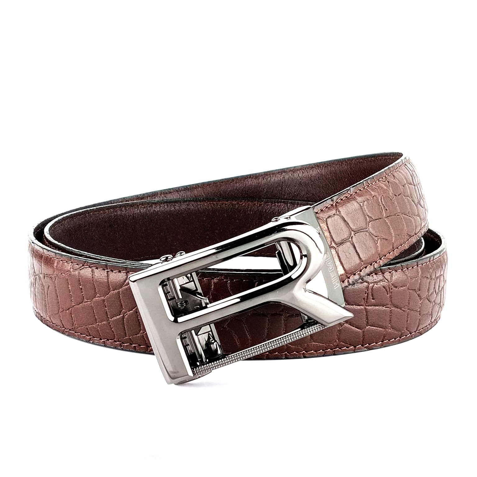 Hemener Men R Letter Metal Auto Grip Buckle Brown Croc Pattern Genuine Leather Belt