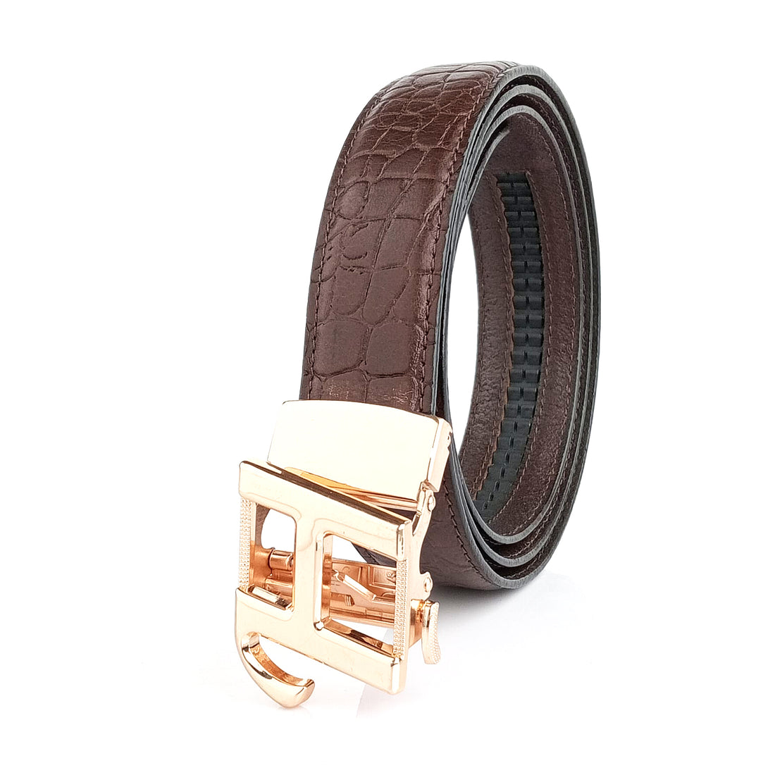 Hemener Men H Letter Metal Auto Grip Buckle Dark Brown Croc Pattern Genuine Leather Belt