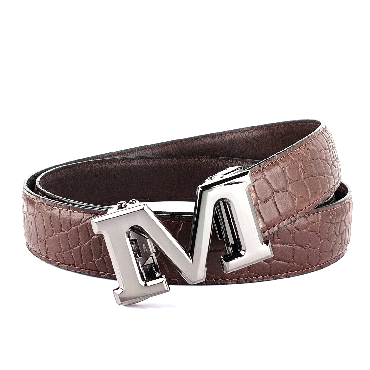 Hemener Men M Letter Metal Auto Grip Buckle Brown Croc Pattern Genuine Leather Belt