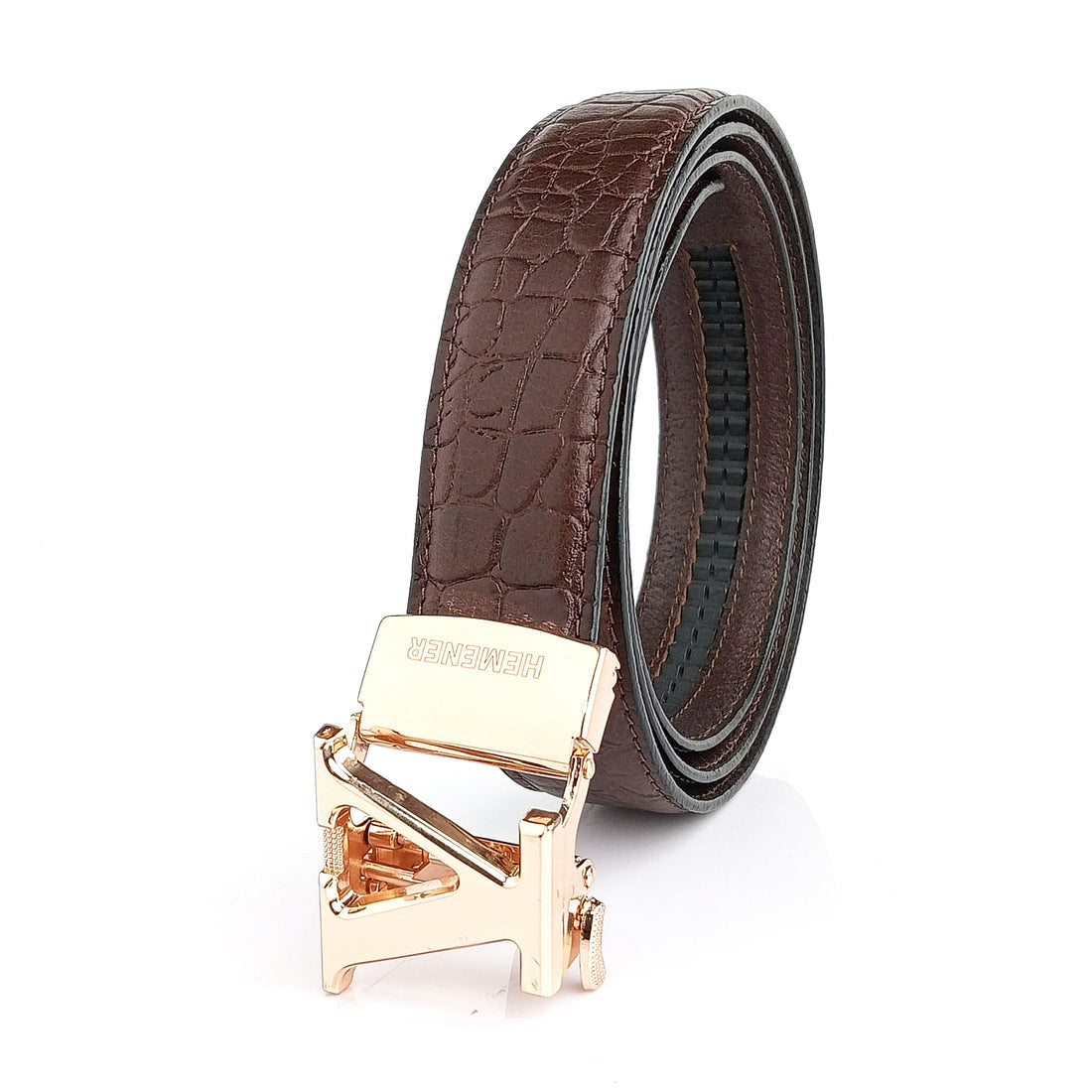 Hemener Men V Letter Metal Auto Grip Buckle Brown Croc Pattern Genuine Leather Belt