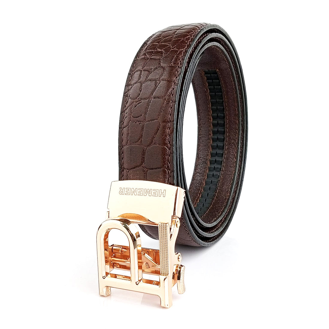 Hemener Men P Letter Metal Auto Grip Buckle Brown Croc Pattern Genuine Leather Belt