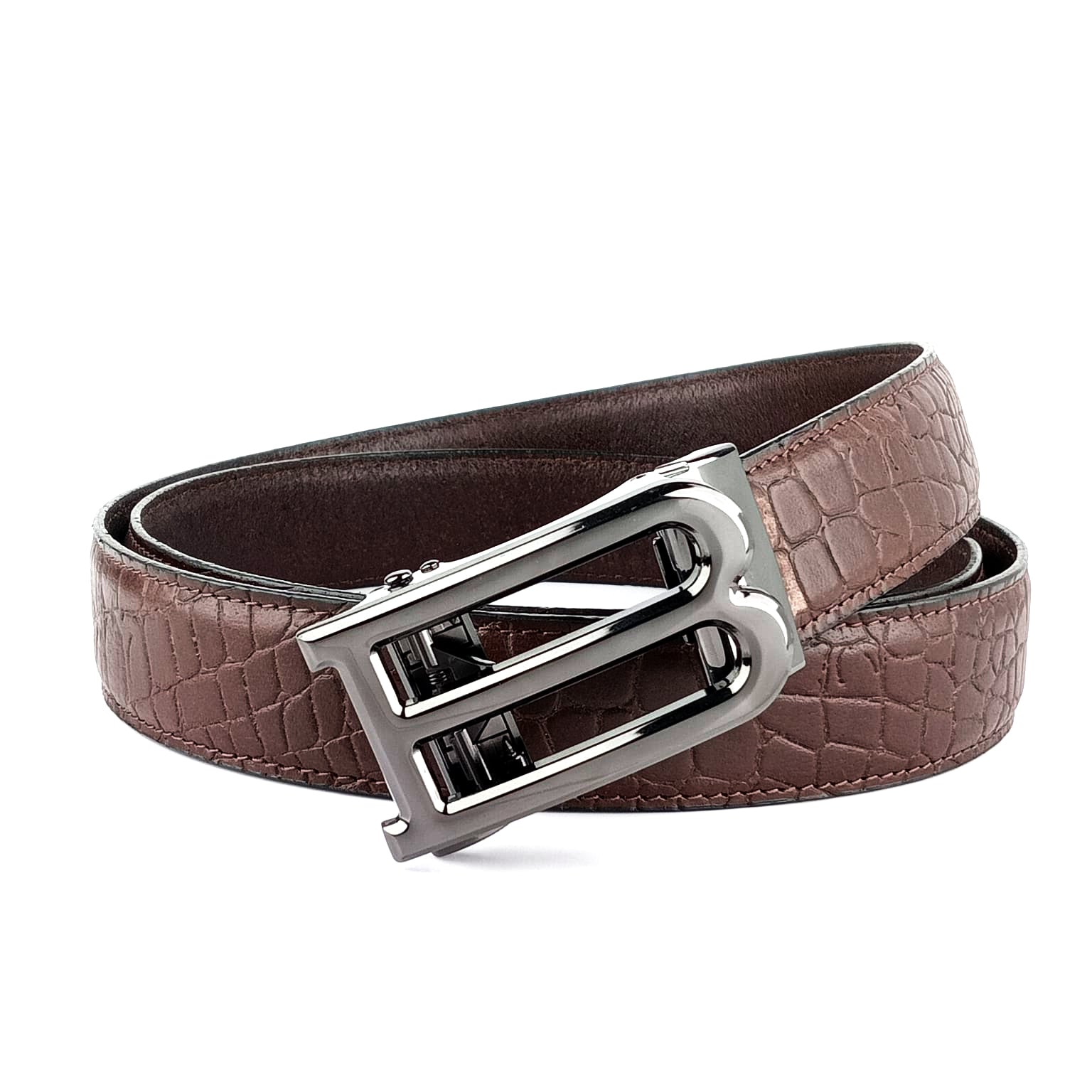 Hemener Men B Letter Metal Auto Grip Buckle Brown Croc Pattern Genuine Leather Belt