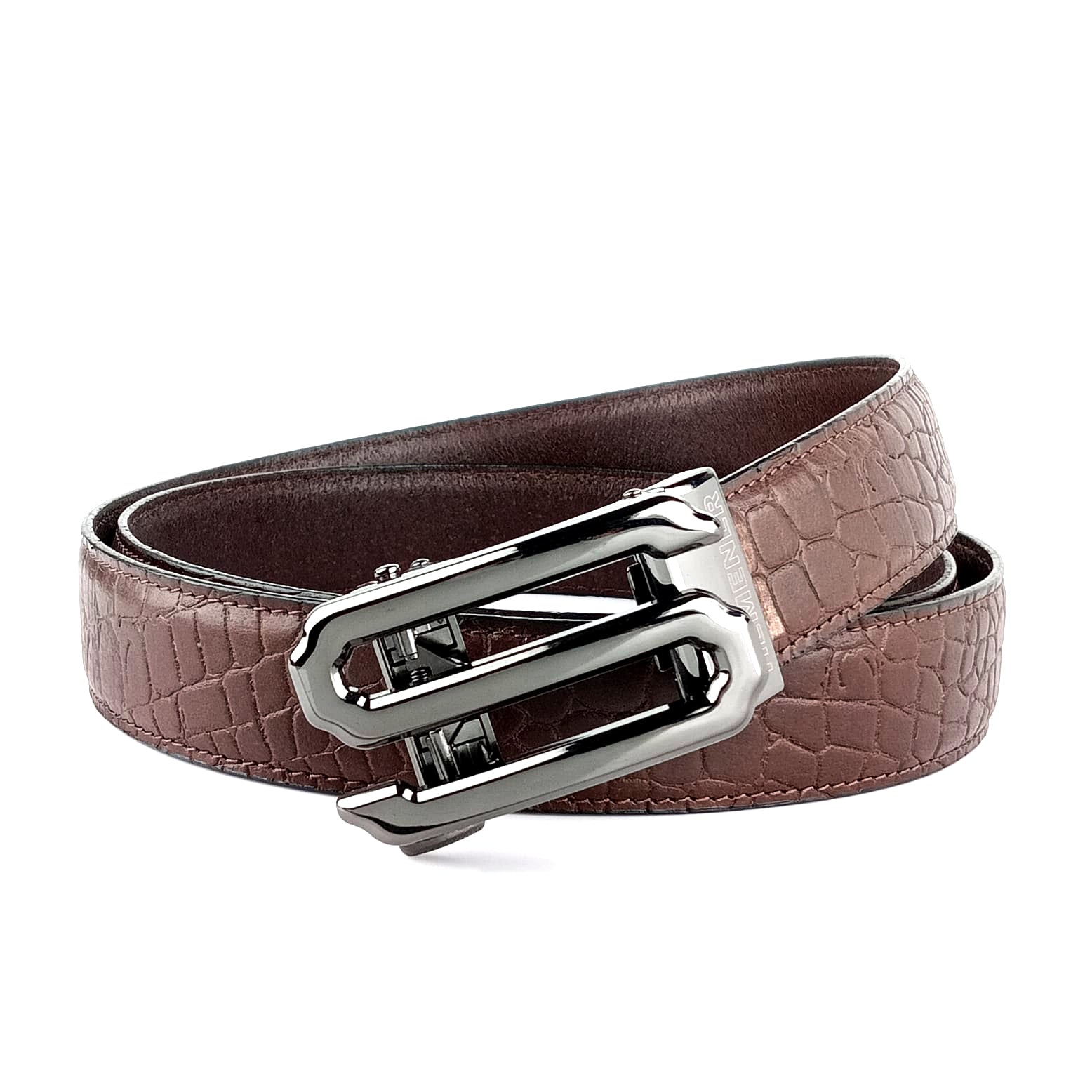 Hemener Men S Letter Metal Auto Grip Buckle Brown Croc Pattern Genuine Leather Belt