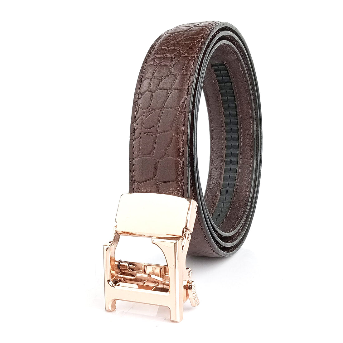 Hemener Men L Letter Metal Auto Grip Buckle Brown Croc Pattern Genuine Leather Belt