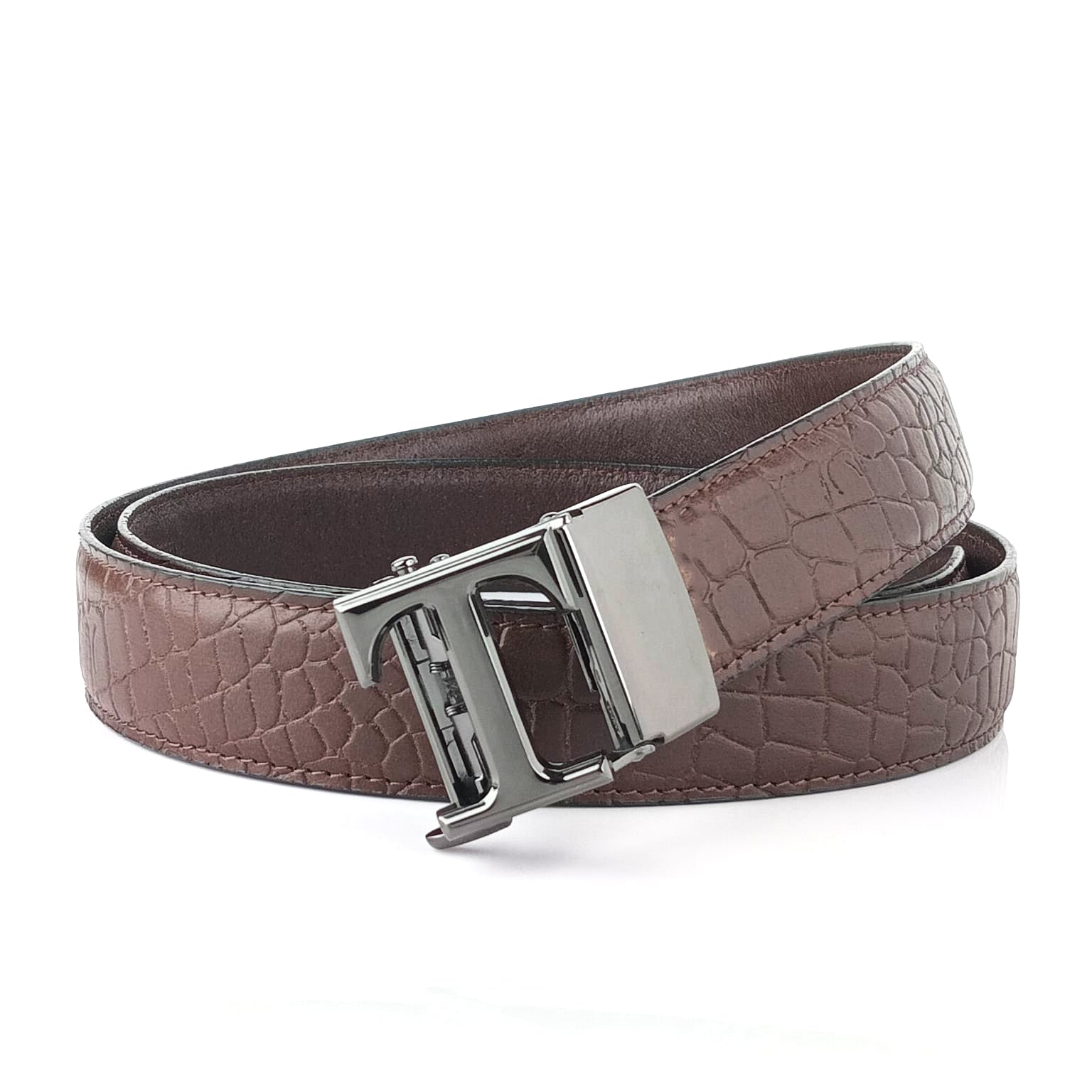 Hemener Men T Letter Metal Auto Grip Buckle Brown Croc Pattern Genuine Leather Belt